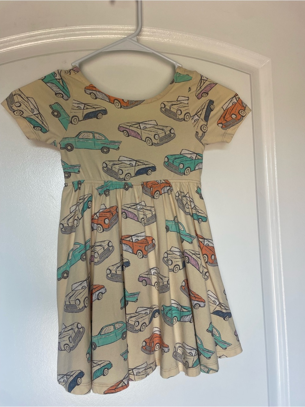 Tea Collection Beige Car Print Dress with Teal & Orange Accents
